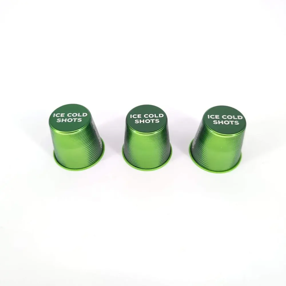 Three Green Jägermeister Color Changing Reusable Aluminum 1 oz Shot Glasses NWOT